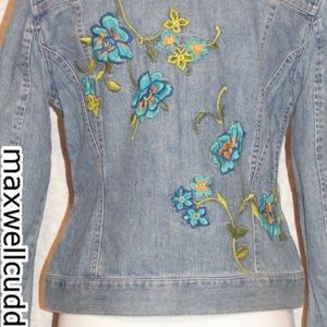 J JILL EMBROIDERED JEAN JACKET COAT DENIM Medium BLUE Floral New With Tags fun